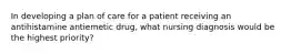 In developing a plan of care for a patient receiving an antihistamine antiemetic drug, what nursing diagnosis would be the highest priority?