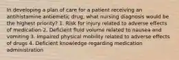 In developing a plan of care for a patient receiving an antihistamine antiemetic drug, what nursing diagnosis would be the highest priority? 1. Risk for injury related to adverse effects of medication 2. Deficient fluid volume related to nausea and vomiting 3. Impaired physical mobility related to adverse effects of drugs 4. Deficient knowledge regarding medication administration