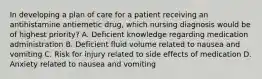 In developing a plan of care for a patient receiving an antihistamine antiemetic drug, which nursing diagnosis would be of highest priority? A. Deficient knowledge regarding medication administration B. Deficient fluid volume related to nausea and vomiting C. Risk for injury related to side effects of medication D. Anxiety related to nausea and vomiting