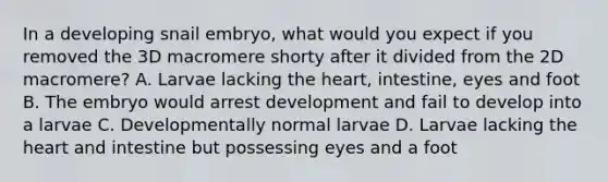 In a developing snail embryo, what would you expect if you removed the 3D macromere shorty after it divided from the 2D macromere? A. Larvae lacking <a href='https://www.questionai.com/knowledge/kya8ocqc6o-the-heart' class='anchor-knowledge'>the heart</a>, intestine, eyes and foot B. The embryo would arrest development and fail to develop into a larvae C. Developmentally normal larvae D. Larvae lacking the heart and intestine but possessing eyes and a foot