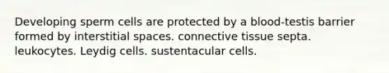 Developing sperm cells are protected by a blood-testis barrier formed by interstitial spaces. connective tissue septa. leukocytes. Leydig cells. sustentacular cells.