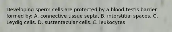 Developing sperm cells are protected by a blood-testis barrier formed by: A. connective tissue septa. B. interstitial spaces. C. Leydig cells. D. sustentacular cells. E. leukocytes