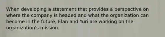 When developing a statement that provides a perspective on where the company is headed and what the organization can become in the future, Elan and Yuri are working on the organization's mission.