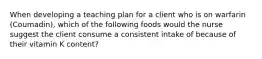 When developing a teaching plan for a client who is on warfarin (Coumadin), which of the following foods would the nurse suggest the client consume a consistent intake of because of their vitamin K content?