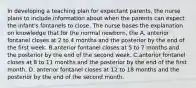 In developing a teaching plan for expectant parents, the nurse plans to include information about when the parents can expect the infant's fontanels to close. The nurse bases the explanation on knowledge that for the normal newborn, the A. anterior fontanel closes at 2 to 4 months and the posterior by the end of the first week. B.anterior fontanel closes at 5 to 7 months and the posterior by the end of the second week. C.anterior fontanel closes at 8 to 11 months and the posterior by the end of the first month. D. anterior fontanel closes at 12 to 18 months and the posterior by the end of the second month.