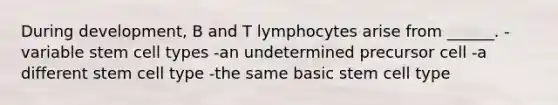 During development, B and T lymphocytes arise from ______. -variable stem cell types -an undetermined precursor cell -a different stem cell type -the same basic stem cell type