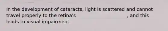 In the development of cataracts, light is scattered and cannot travel properly to the retina's _____________________, and this leads to visual impairment.