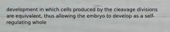 development in which cells produced by the cleavage divisions are equivalent, thus allowing the embryo to develop as a self-regulating whole