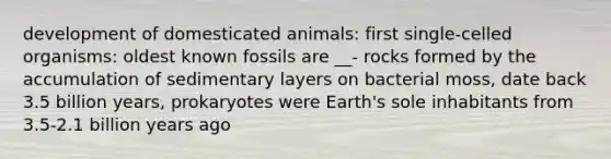 development of domesticated animals: first single-celled organisms: oldest known fossils are __- rocks formed by the accumulation of sedimentary layers on bacterial moss, date back 3.5 billion years, prokaryotes were Earth's sole inhabitants from 3.5-2.1 billion years ago