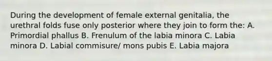 During the development of female external genitalia, the urethral folds fuse only posterior where they join to form the: A. Primordial phallus B. Frenulum of the labia minora C. Labia minora D. Labial commisure/ mons pubis E. Labia majora