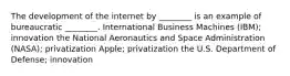 The development of the internet by ________ is an example of bureaucratic ________. International Business Machines (IBM); innovation the National Aeronautics and Space Administration (NASA); privatization Apple; privatization the U.S. Department of Defense; innovation