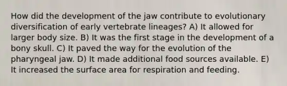 How did the development of the jaw contribute to evolutionary diversification of early vertebrate lineages? A) It allowed for larger body size. B) It was the first stage in the development of a bony skull. C) It paved the way for the evolution of the pharyngeal jaw. D) It made additional food sources available. E) It increased the surface area for respiration and feeding.