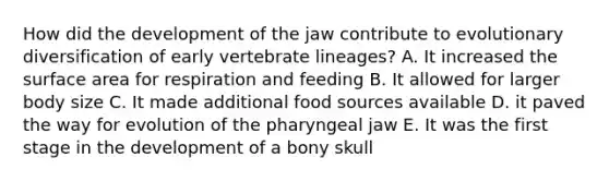 How did the development of the jaw contribute to evolutionary diversification of early vertebrate lineages? A. It increased the surface area for respiration and feeding B. It allowed for larger body size C. It made additional food sources available D. it paved the way for evolution of the pharyngeal jaw E. It was the first stage in the development of a bony skull