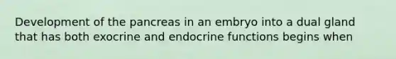 Development of the pancreas in an embryo into a dual gland that has both exocrine and endocrine functions begins when