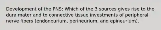 Development of the PNS: Which of the 3 sources gives rise to the dura mater and to connective tissue investments of peripheral nerve fibers (endoneurium, perineurium, and epineurium).