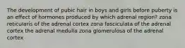 The development of pubic hair in boys and girls before puberty is an effect of hormones produced by which adrenal region? zona reticularis of the adrenal cortex zona fasciculata of the adrenal cortex the adrenal medulla zona glomerulosa of the adrenal cortex