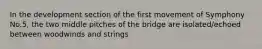 In the development section of the first movement of Symphony No.5, the two middle pitches of the bridge are isolated/echoed between woodwinds and strings