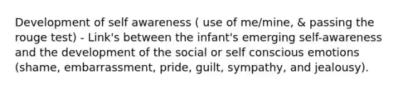 Development of self awareness ( use of me/mine, & passing the rouge test) - Link's between the infant's emerging self-awareness and the development of the social or self conscious emotions (shame, embarrassment, pride, guilt, sympathy, and jealousy).