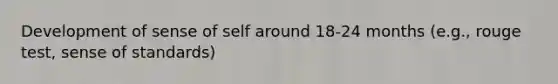 Development of sense of self around 18-24 months (e.g., rouge test, sense of standards)