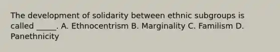 The development of solidarity between ethnic subgroups is called _____. A. Ethnocentrism B. Marginality C. Familism D. Panethnicity