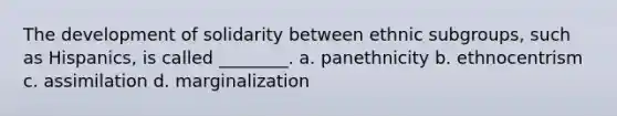 The development of solidarity between ethnic subgroups, such as Hispanics, is called ________. a. panethnicity b. ethnocentrism c. assimilation d. marginalization