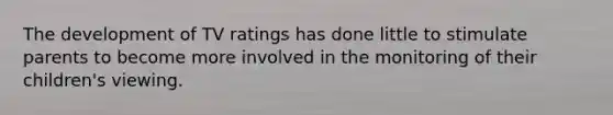 The development of TV ratings has done little to stimulate parents to become more involved in the monitoring of their children's viewing.