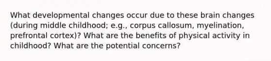 What developmental changes occur due to these brain changes (during middle childhood; e.g., corpus callosum, myelination, prefrontal cortex)? What are the benefits of physical activity in childhood? What are the potential concerns?