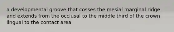 a developmental groove that cosses the mesial marginal ridge and extends from the occlusal to the middle third of the crown lingual to the contact area.