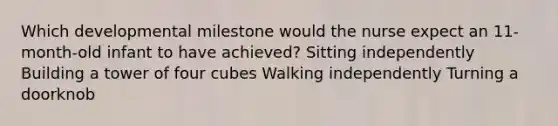 Which developmental milestone would the nurse expect an 11-month-old infant to have achieved? Sitting independently Building a tower of four cubes Walking independently Turning a doorknob