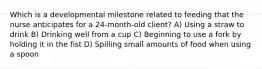 Which is a developmental milestone related to feeding that the nurse anticipates for a 24-month-old client? A) Using a straw to drink B) Drinking well from a cup C) Beginning to use a fork by holding it in the fist D) Spilling small amounts of food when using a spoon