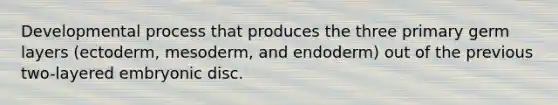 Developmental process that produces the three primary germ layers (ectoderm, mesoderm, and endoderm) out of the previous two-layered embryonic disc.