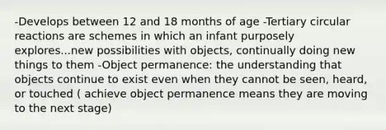 -Develops between 12 and 18 months of age -Tertiary circular reactions are schemes in which an infant purposely explores...new possibilities with objects, continually doing new things to them -Object permanence: the understanding that objects continue to exist even when they cannot be seen, heard, or touched ( achieve object permanence means they are moving to the next stage)