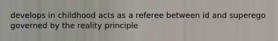 develops in childhood acts as a referee between id and superego governed by the reality principle