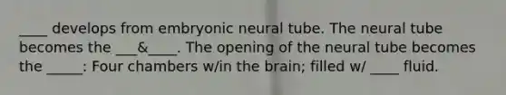 ____ develops from embryonic neural tube. The neural tube becomes the ___&____. The opening of the neural tube becomes the _____: Four chambers w/in the brain; filled w/ ____ fluid.