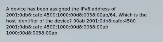 A device has been assigned the IPv6 address of 2001:0db8:cafe:4500:1000:00d8:0058:00ab/64. Which is the host identifier of the device? 00ab 2001:0db8:cafe:4500 2001:0db8:cafe:4500:1000:00d8:0058:00ab 1000:00d8:0058:00ab