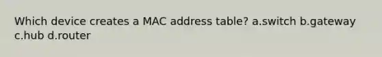 Which device creates a MAC address table? a.switch b.gateway c.hub d.router