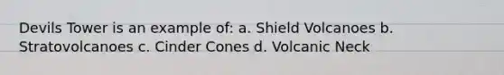 Devils Tower is an example of: a. Shield Volcanoes b. Stratovolcanoes c. Cinder Cones d. Volcanic Neck