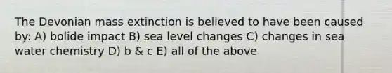 The Devonian mass extinction is believed to have been caused by: A) bolide impact B) sea level changes C) changes in sea water chemistry D) b & c E) all of the above