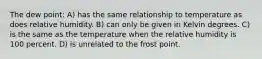 The dew point: A) has the same relationship to temperature as does relative humidity. B) can only be given in Kelvin degrees. C) is the same as the temperature when the relative humidity is 100 percent. D) is unrelated to the frost point.