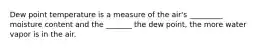 Dew point temperature is a measure of the air's _________ moisture content and the _______ the dew point, the more water vapor is in the air.