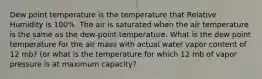 Dew point temperature is the temperature that Relative Humidity is 100%. The air is saturated when the air temperature is the same as the dew-point temperature. What is the dew point temperature for the air mass with actual water vapor content of 12 mb? (or what is the temperature for which 12 mb of vapor pressure is at maximum capacity?