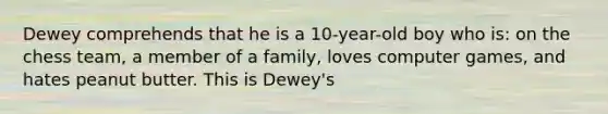 Dewey comprehends that he is a 10-year-old boy who is: on the chess team, a member of a family, loves computer games, and hates peanut butter. This is Dewey's