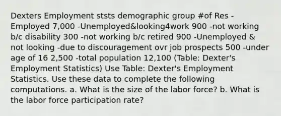 Dexters Employment ststs demographic group #of Res -Employed 7,000 -Unemployed&looking4work 900 -not working b/c disability 300 -not working b/c retired 900 -Unemployed & not looking -due to discouragement ovr job prospects 500 -under age of 16 2,500 -total population 12,100 (Table: Dexter's Employment Statistics) Use Table: Dexter's Employment Statistics. Use these data to complete the following computations. a. What is the size of the labor force? b. What is the labor force participation rate?