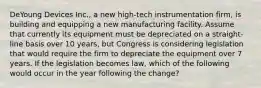 DeYoung Devices Inc., a new high-tech instrumentation firm, is building and equipping a new manufacturing facility. Assume that currently its equipment must be depreciated on a straight-line basis over 10 years, but Congress is considering legislation that would require the firm to depreciate the equipment over 7 years. If the legislation becomes law, which of the following would occur in the year following the change?