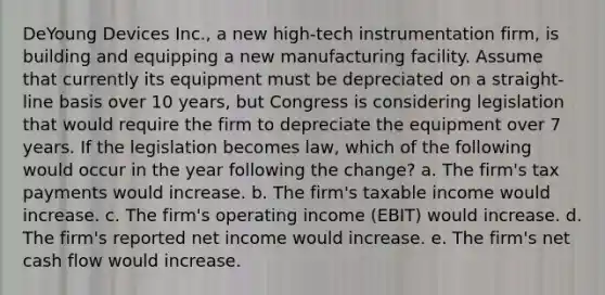 DeYoung Devices Inc., a new high-tech instrumentation firm, is building and equipping a new manufacturing facility. Assume that currently its equipment must be depreciated on a straight-line basis over 10 years, but Congress is considering legislation that would require the firm to depreciate the equipment over 7 years. If the legislation becomes law, which of the following would occur in the year following the change? a. The firm's tax payments would increase. b. The firm's taxable income would increase. c. The firm's operating income (EBIT) would increase. d. The firm's reported net income would increase. e. The firm's net cash flow would increase.