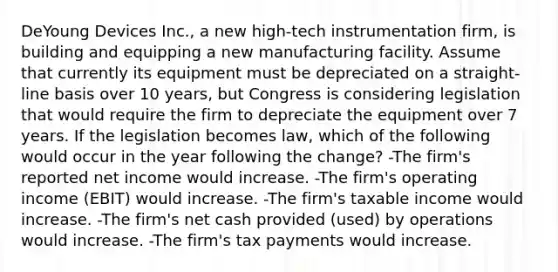 DeYoung Devices Inc., a new high-tech instrumentation firm, is building and equipping a new manufacturing facility. Assume that currently its equipment must be depreciated on a straight-line basis over 10 years, but Congress is considering legislation that would require the firm to depreciate the equipment over 7 years. If the legislation becomes law, which of the following would occur in the year following the change? -The firm's reported net income would increase. -The firm's operating income (EBIT) would increase. -The firm's taxable income would increase. -The firm's net cash provided (used) by operations would increase. -The firm's tax payments would increase.