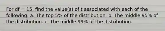 For df = 15, find the value(s) of t associated with each of the following: a. The top 5% of the distribution. b. The middle 95% of the distribution. c. The middle 99% of the distribution.