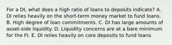 For a DI, what does a high ratio of loans to deposits indicate? A. DI relies heavily on the short-term money market to fund loans. B. High degree of loan commitments. C. DI has large amounts of asset-side liquidity. D. Liquidity concerns are at a bare minimum for the FI. E. DI relies heavily on core deposits to fund loans.