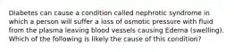 Diabetes can cause a condition called nephrotic syndrome in which a person will suffer a loss of osmotic pressure with fluid from the plasma leaving blood vessels causing Edema (swelling). Which of the following is likely the cause of this condition?