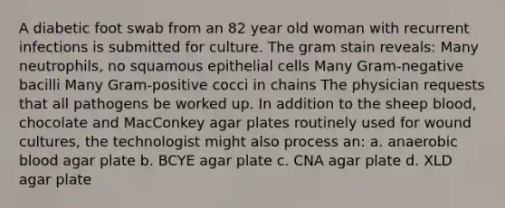 A diabetic foot swab from an 82 year old woman with recurrent infections is submitted for culture. The gram stain reveals: Many neutrophils, no squamous epithelial cells Many Gram-negative bacilli Many Gram-positive cocci in chains The physician requests that all pathogens be worked up. In addition to the sheep blood, chocolate and MacConkey agar plates routinely used for wound cultures, the technologist might also process an: a. anaerobic blood agar plate b. BCYE agar plate c. CNA agar plate d. XLD agar plate